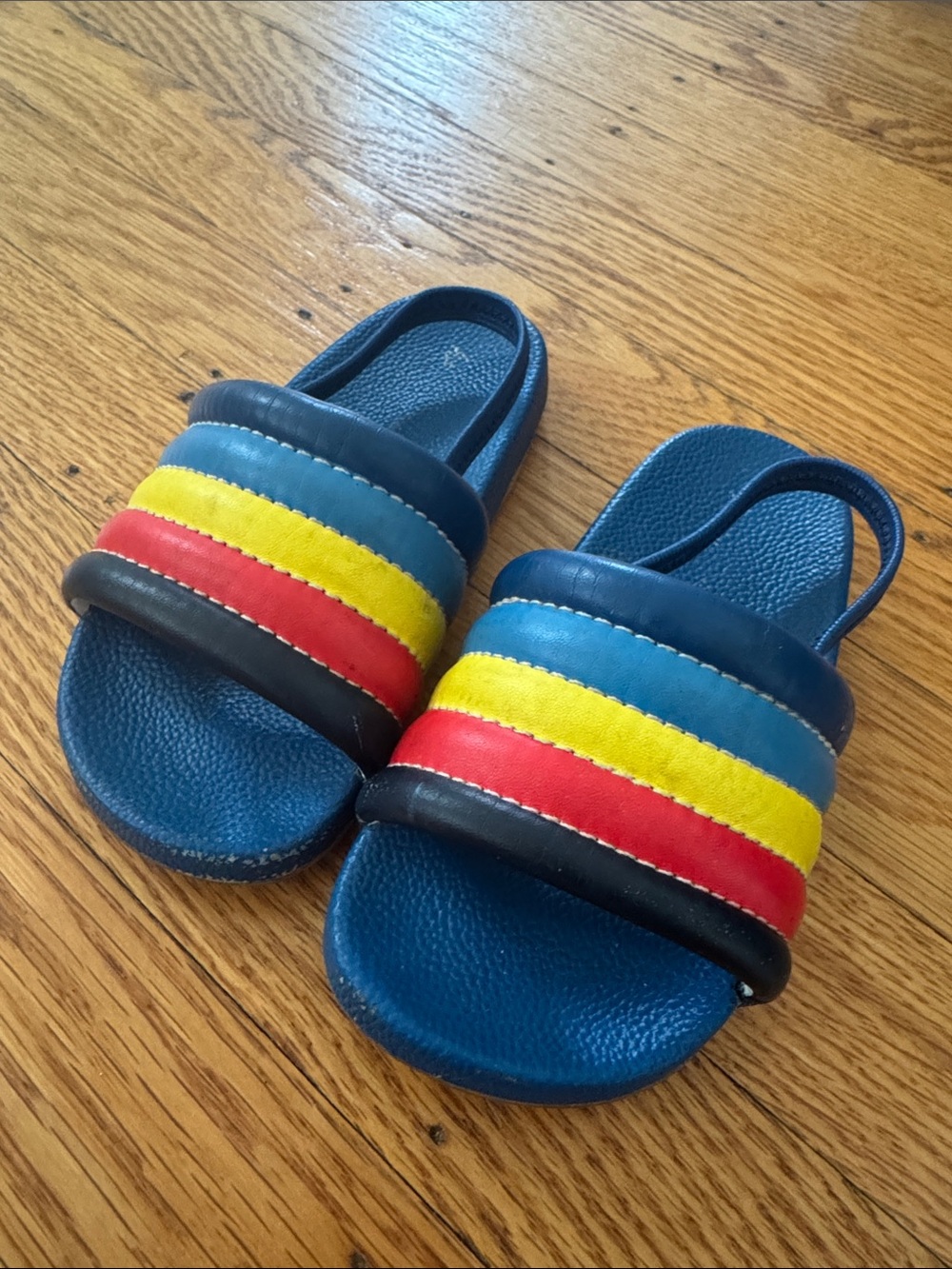 Hanna Andersson Blue Slide Sandals with Red and Yellow Stripes